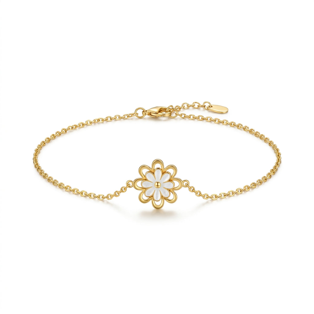 Elegant Gold-Tone Stainless Steel Bracelet with White Floral Charm for Women