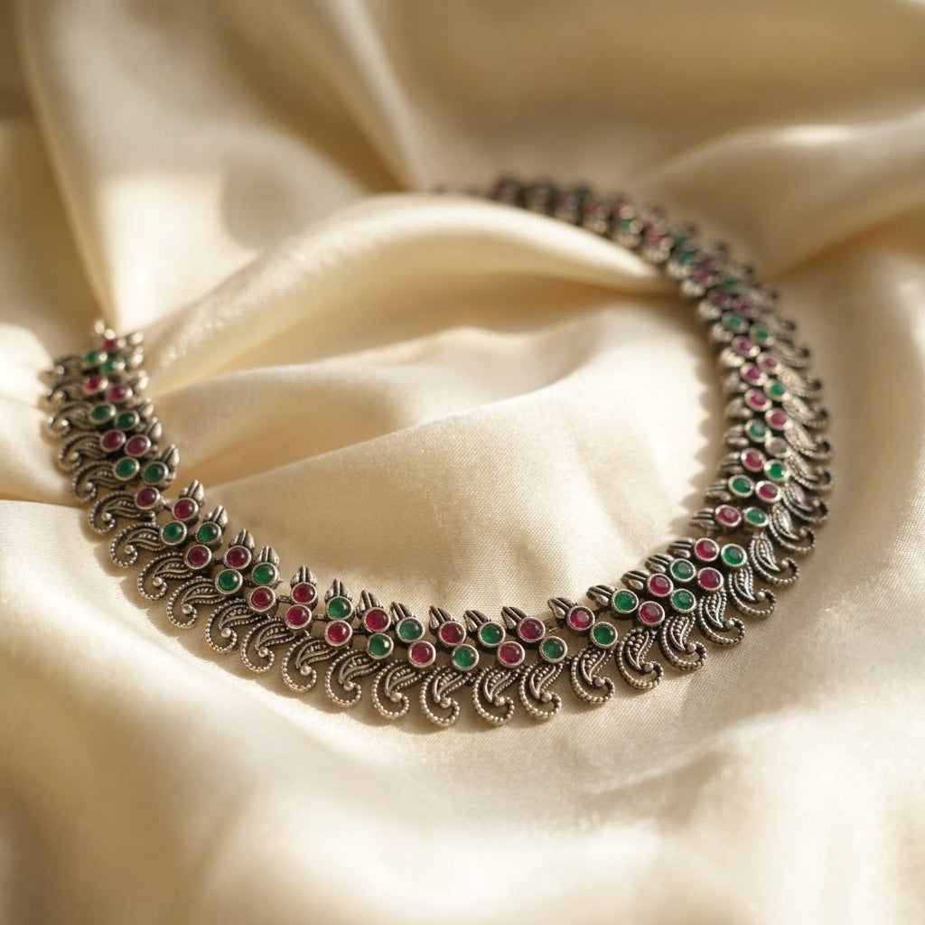 Traditional Oxidised Silver Necklace Set with Matching Jhumka Earrings