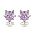 Cute Kitty Cat Stud Earrings with Pink Crystal Stones and Pearl Dangles