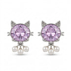 Cute Kitty Cat Stud Earrings with Pink Crystal Stones and Pearl Dangles