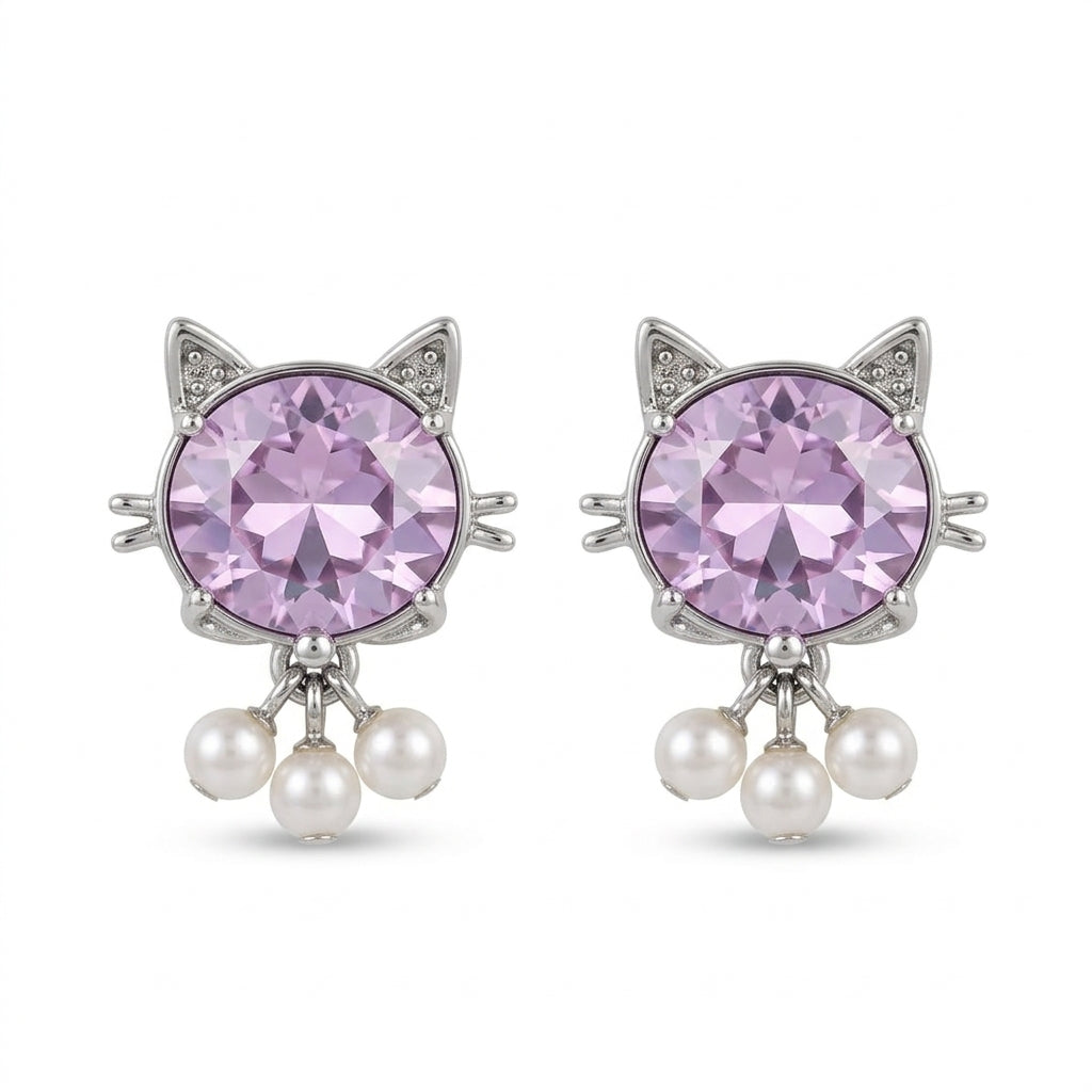 Cute Kitty Cat Stud Earrings with Pink Crystal Stones and Pearl Dangles