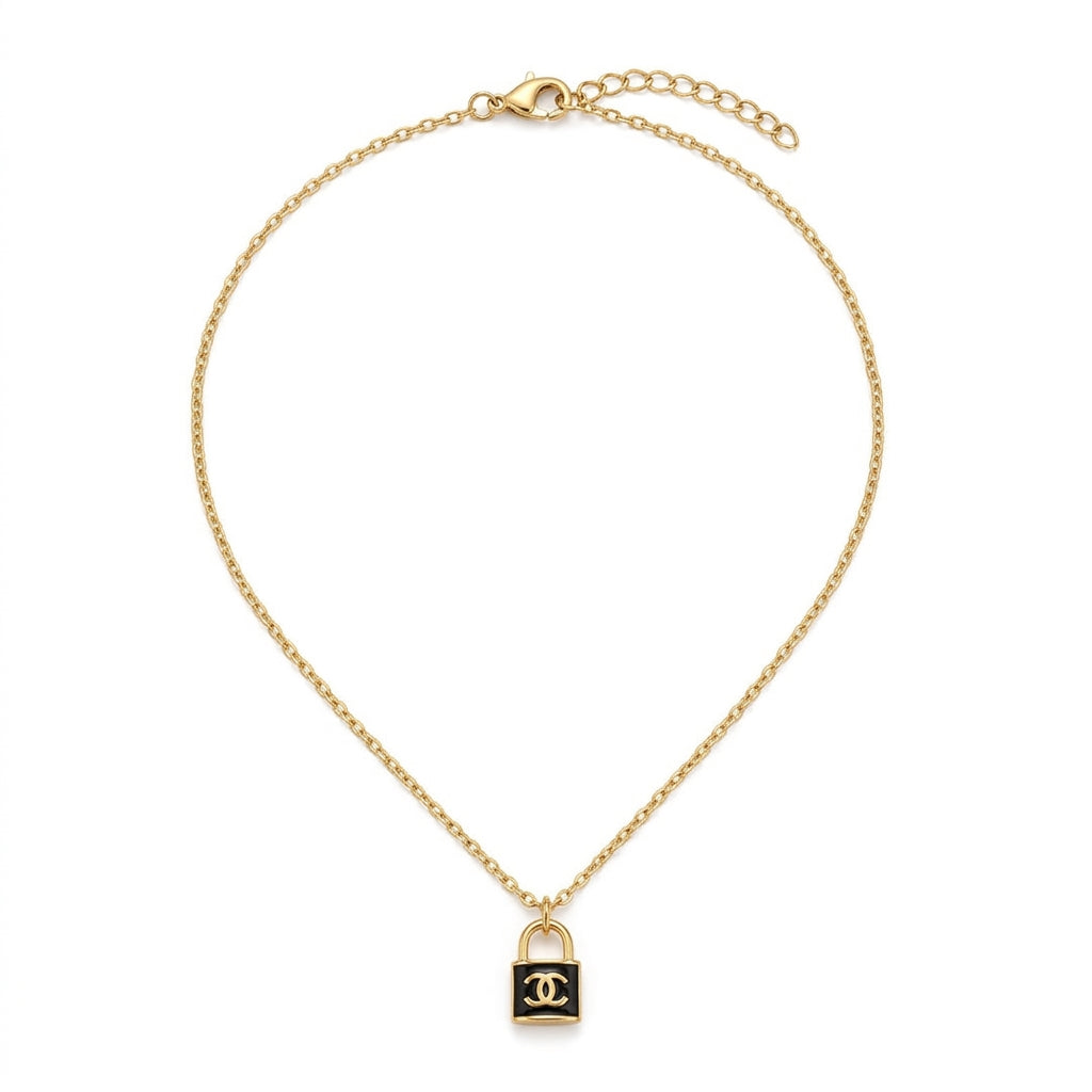 Gold Padlock Pendant Necklace with Black Charm