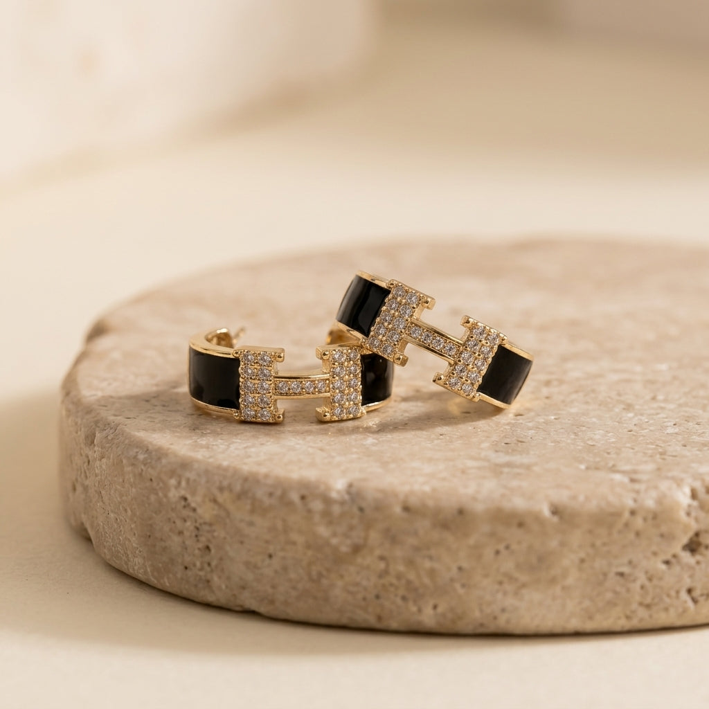 Black & Gold Crystal Hoop Earrings