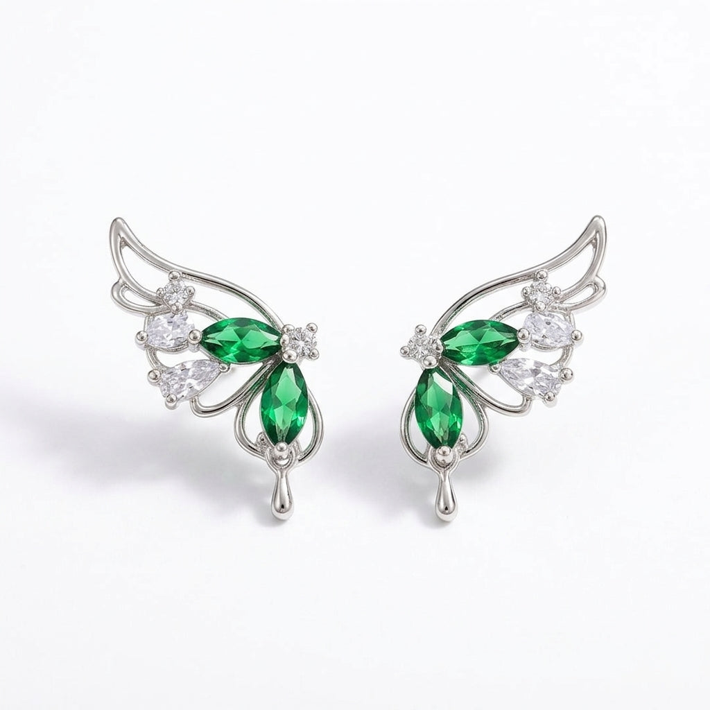 Elegant Butterfly Stud Earrings with Green and Clear Crystal Stones
