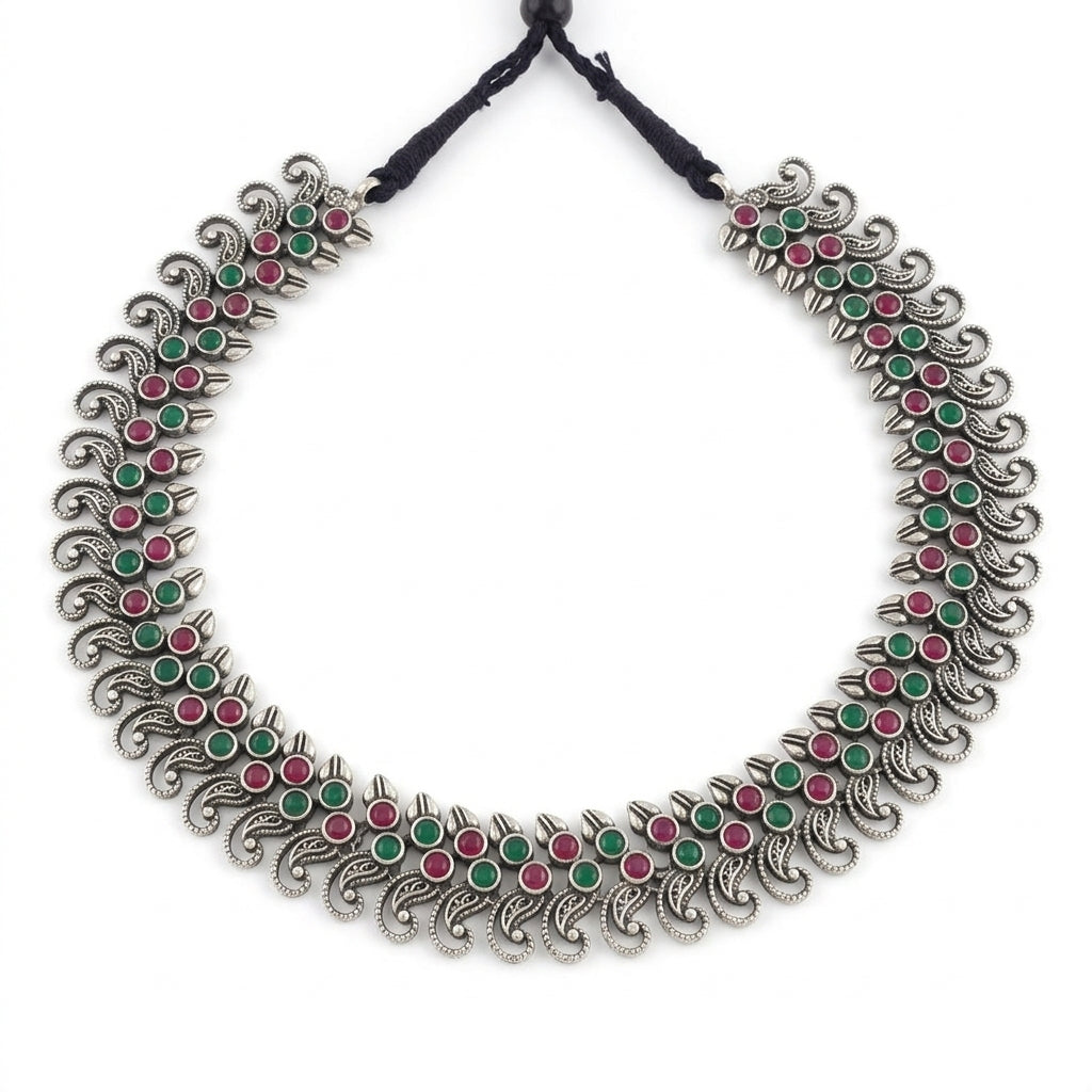 Traditional Oxidised Silver Necklace Set with Matching Jhumka Earrings