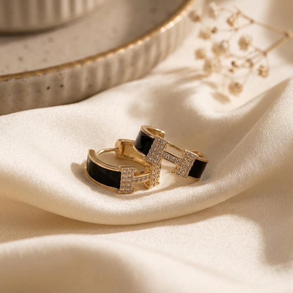 Black & Gold Crystal Hoop Earrings