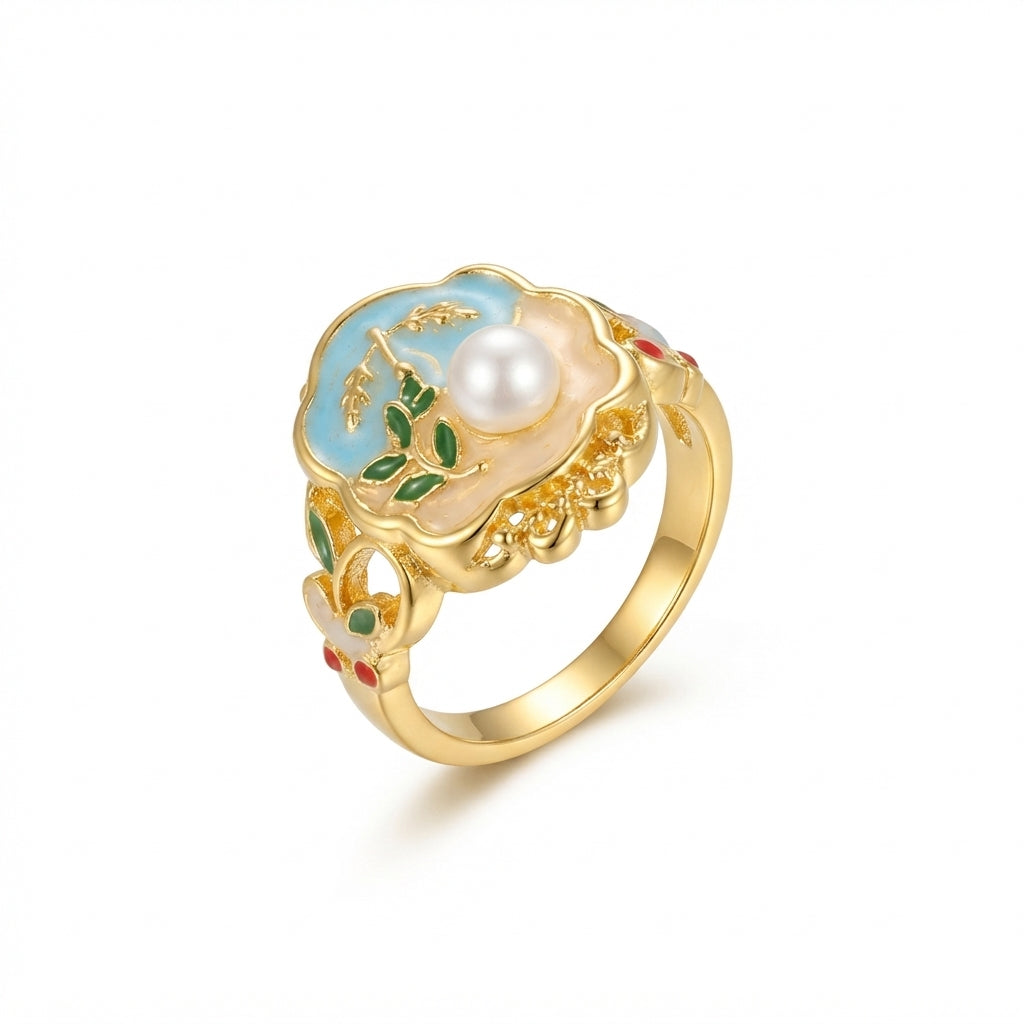 Elegant Gold-Tone Floral Enamel Ring for Women