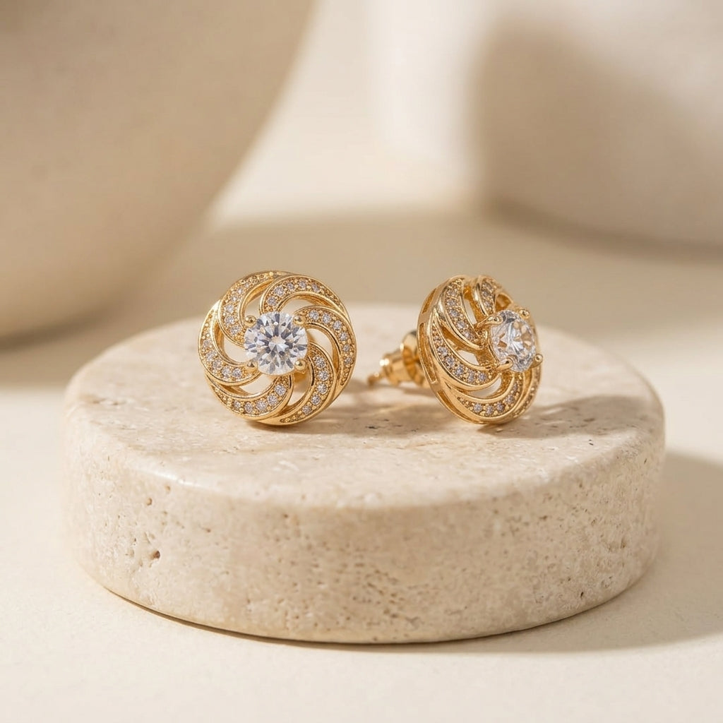 Elegant Gold-Tone Stud Earrings with Clear Crystal Accents