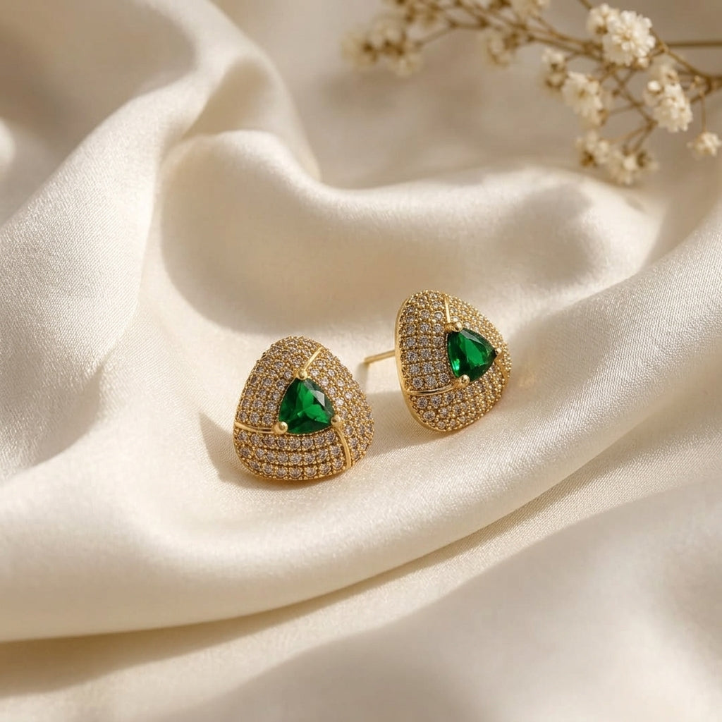 Elegant Gold-Tone Earrings with Emerald Green Stones