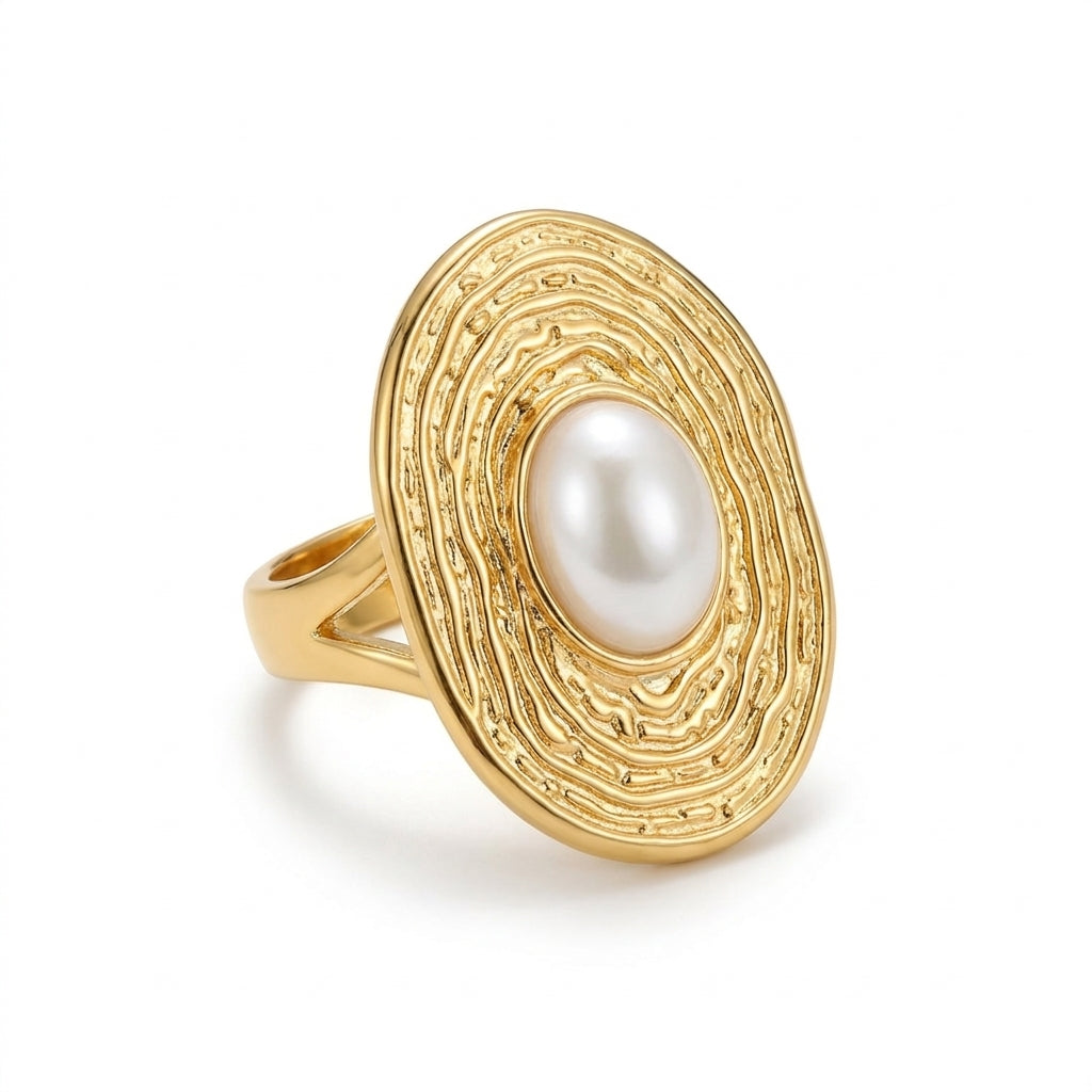 Elegant Gold-Tone Oval Pearl Ring for Women