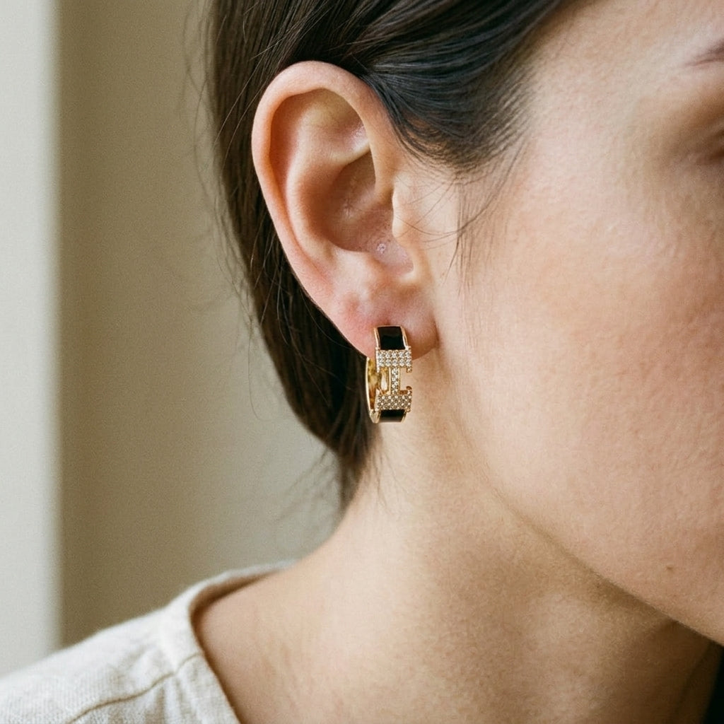 Black & Gold Crystal Hoop Earrings