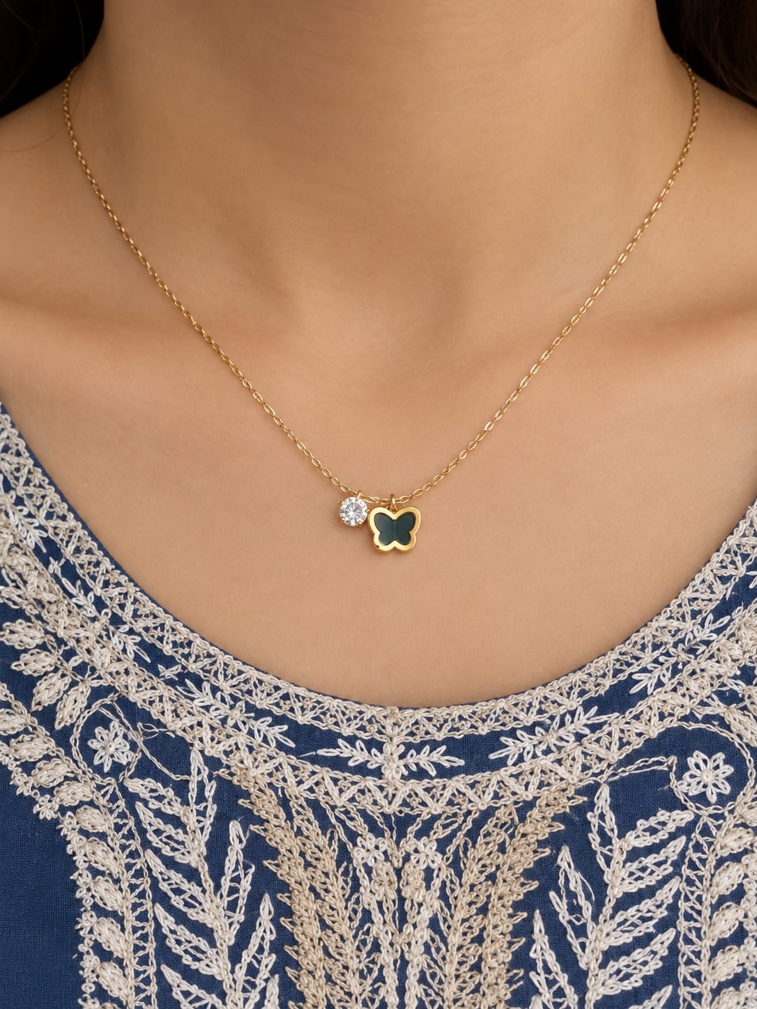 Gold Butterfly Pendant Necklace with Crystal Charm