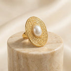 Elegant Gold-Tone Oval Pearl Ring for Women