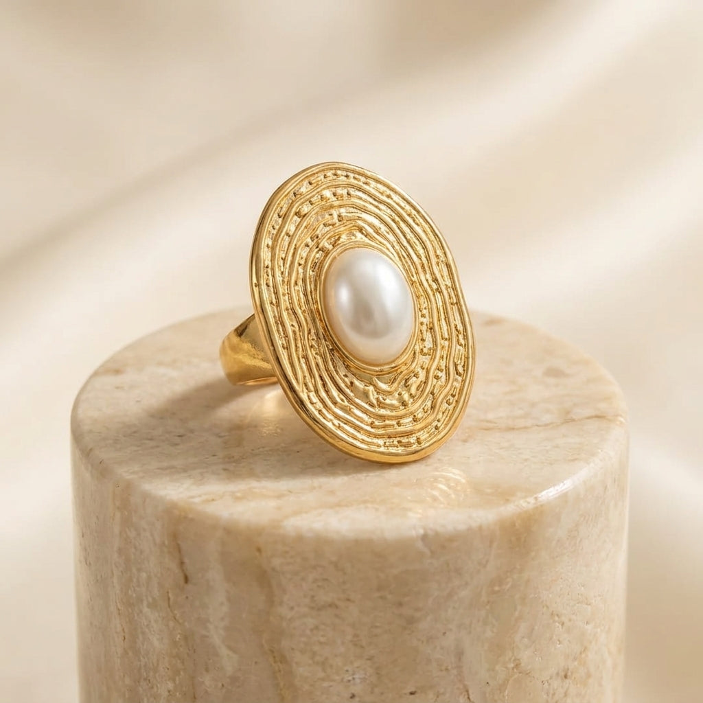 Elegant Gold-Tone Oval Pearl Ring for Women