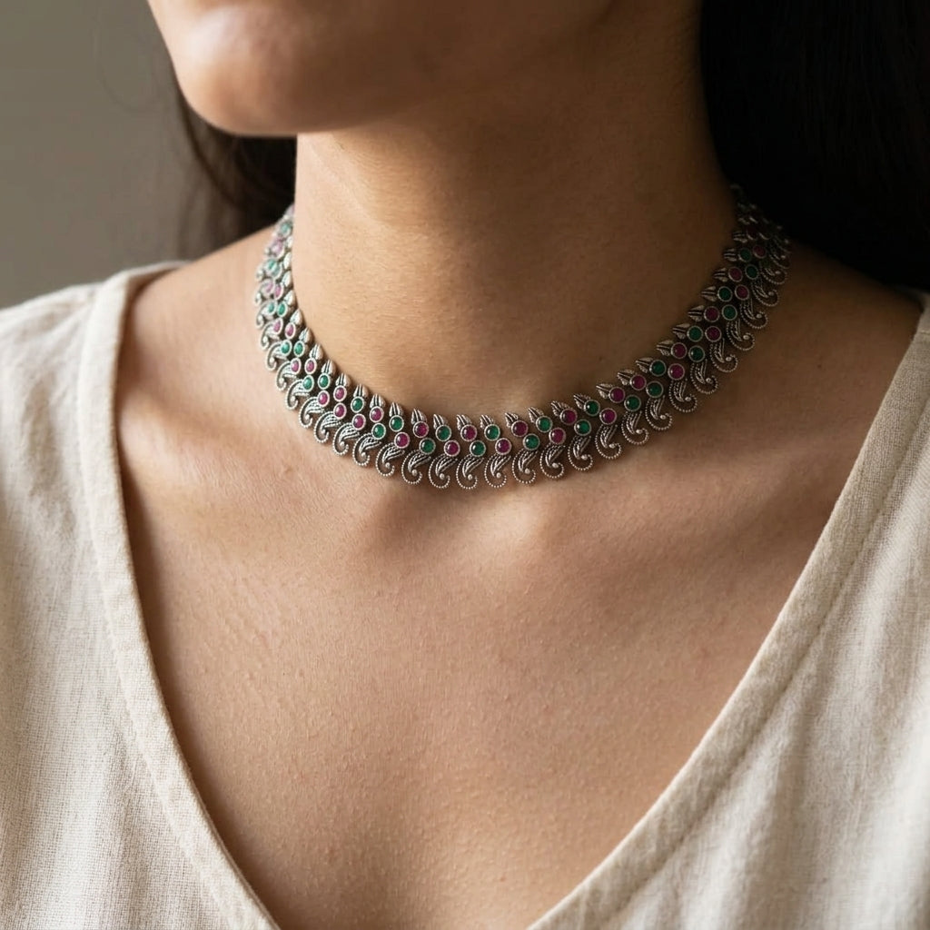 Traditional Oxidised Silver Necklace Set with Matching Jhumka Earrings