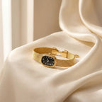 Gold Mesh Bracelet Watch with Black Oval Dial and Roman Numerals