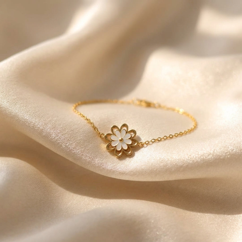 Elegant Gold-Tone Stainless Steel Bracelet with White Floral Charm for Women