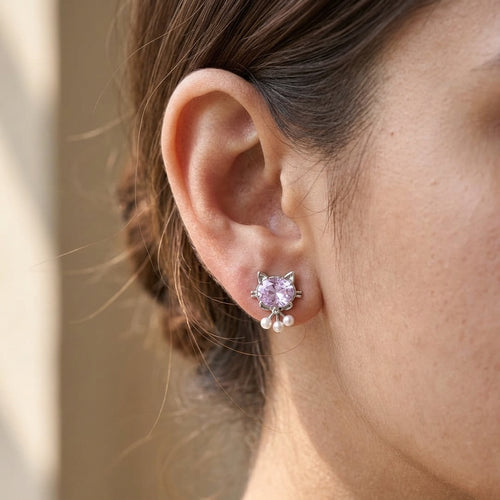 Cute Kitty Cat Stud Earrings with Pink Crystal Stones and Pearl Dangles