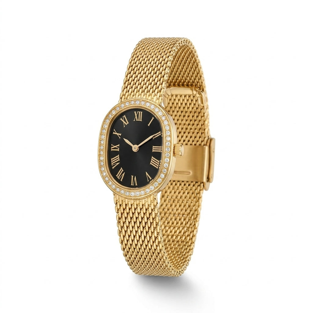 Gold Mesh Bracelet Watch with Black Oval Dial and Roman Numerals