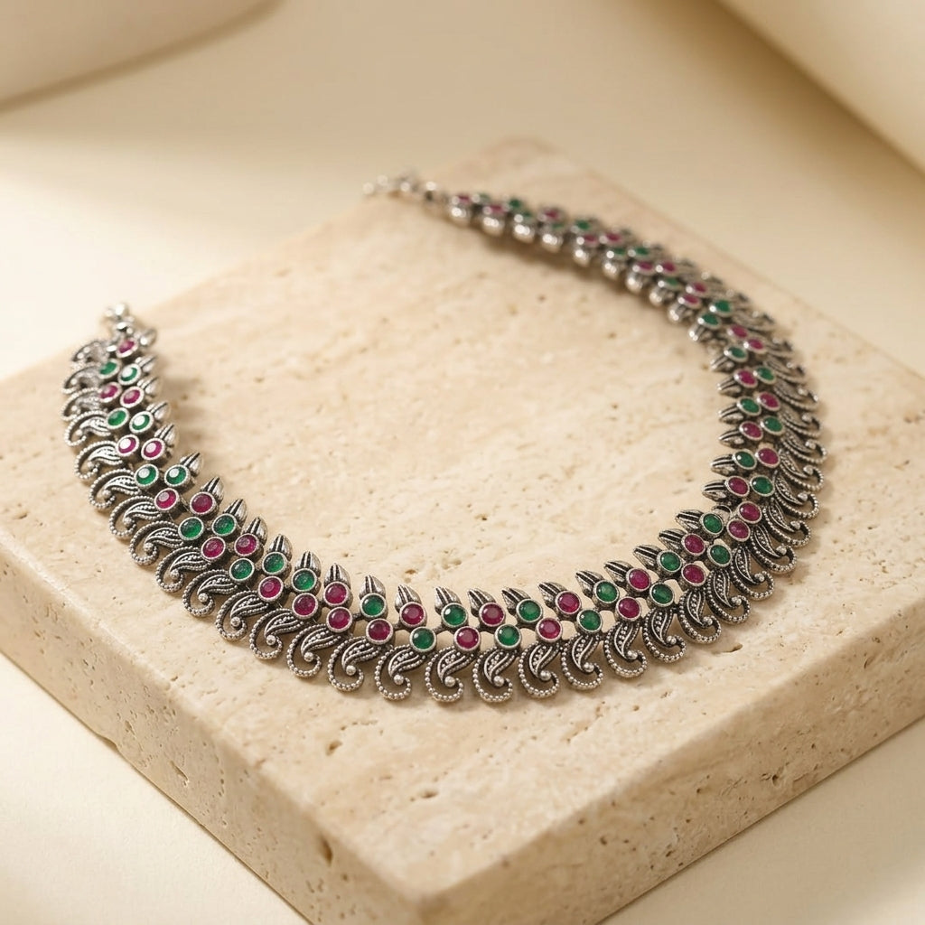 Traditional Oxidised Silver Necklace Set with Matching Jhumka Earrings
