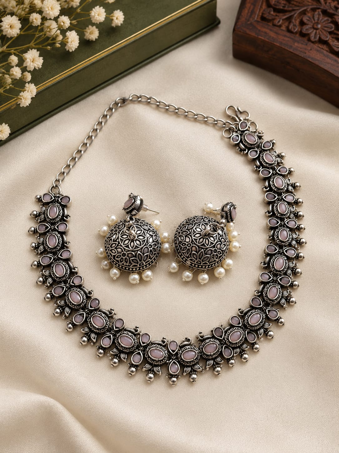 Traditional Oxidised Silver Necklace Set with Matching Jhumka Earrings