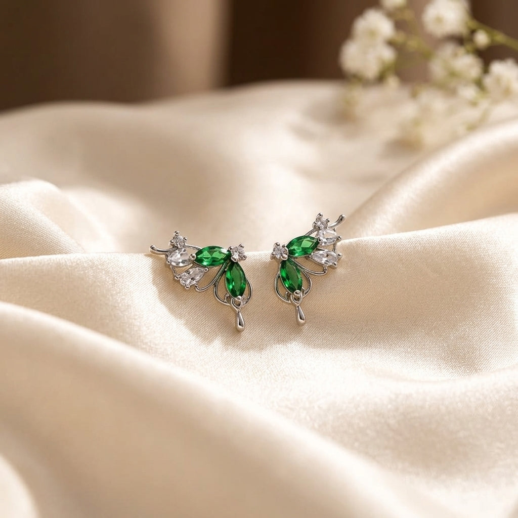 Elegant Butterfly Stud Earrings with Green and Clear Crystal Stones