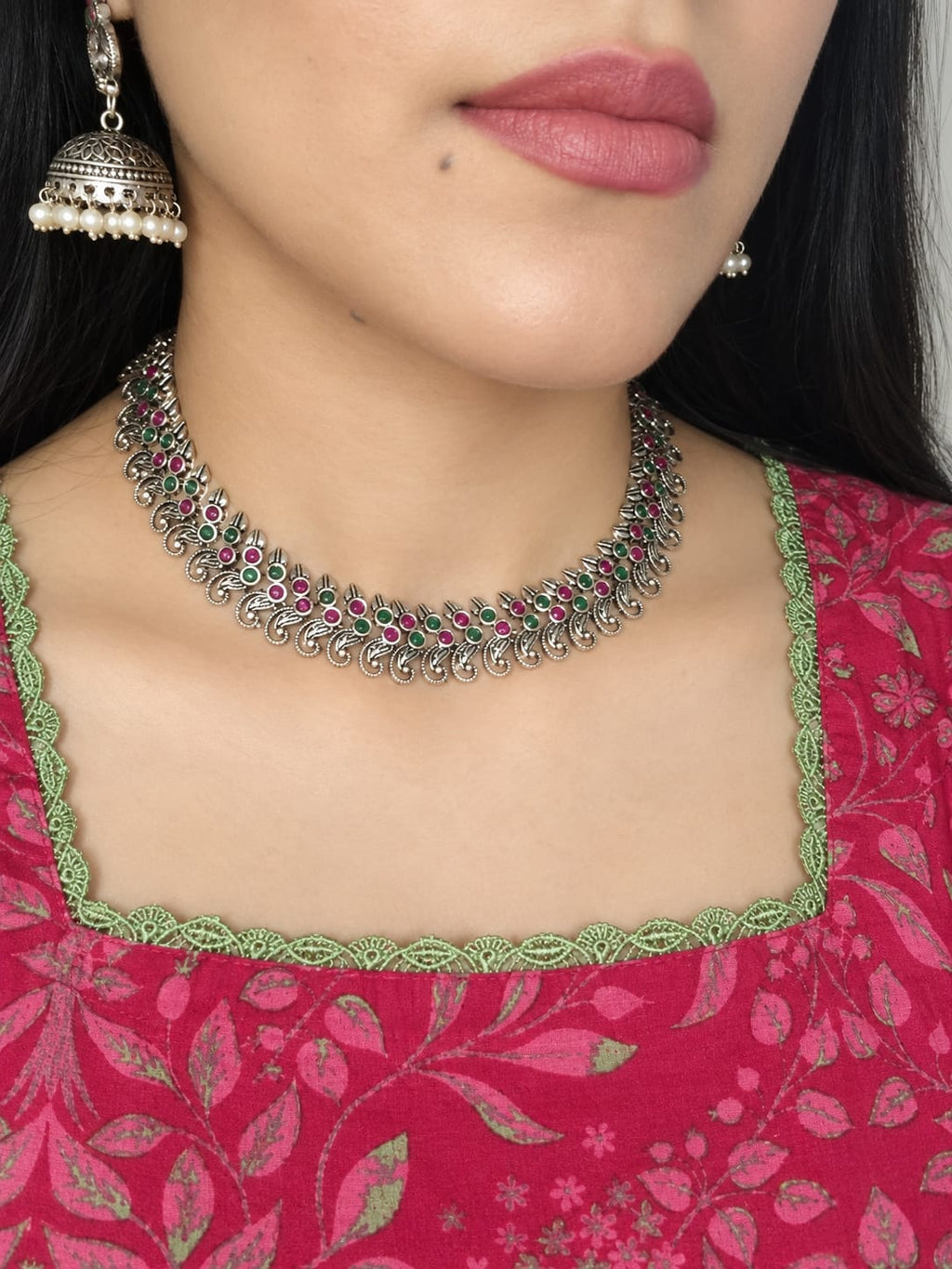 Traditional Oxidised Silver Necklace Set with Matching Jhumka Earrings