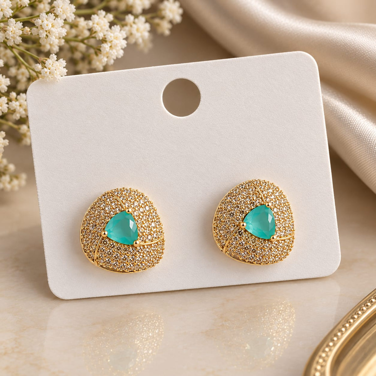 Elegant Turquoise & Gold Crystal Stud Earrings