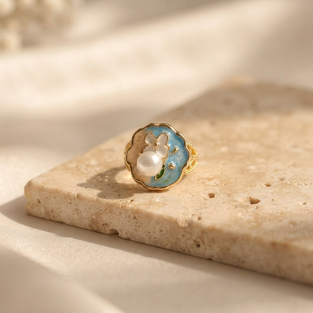 Elegant Gold-Tone Floral Enamel Ring for Women