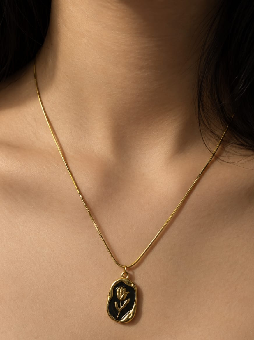 Gold and Black Floral Pendant Necklace