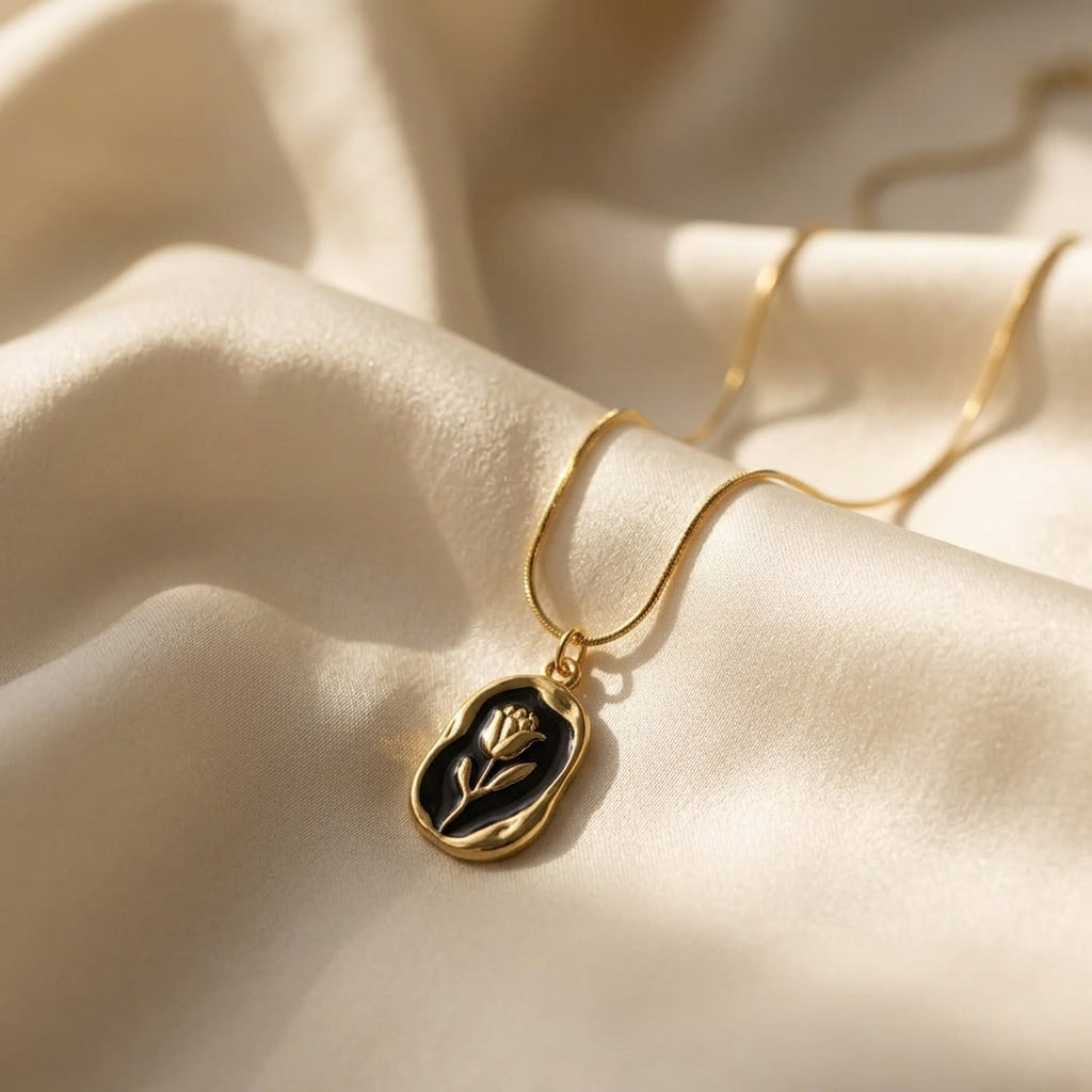 Gold and Black Floral Pendant Necklace