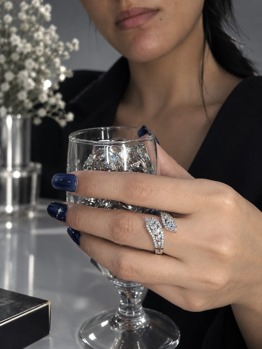 Elegant Blue Crystal Silver-Tone Ring Select any design