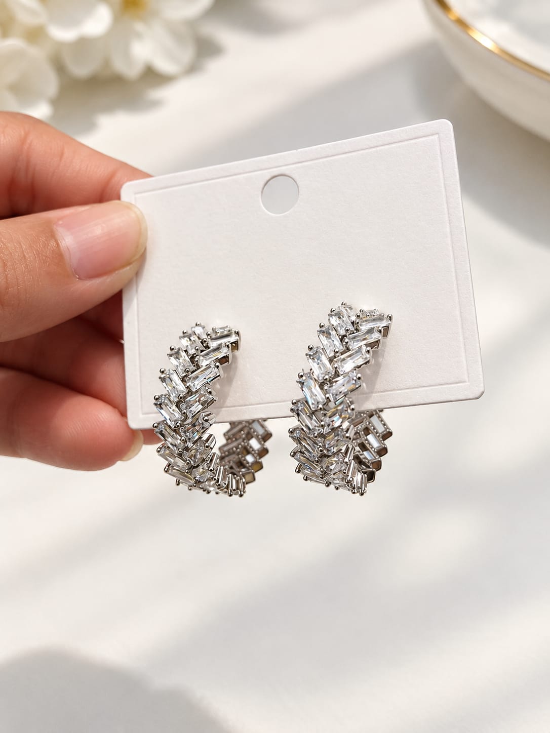 Elegant Silver Crystal Hoop Earrings