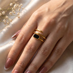 Elegant Gold-Tone Black Stone Spiral Ring for Women