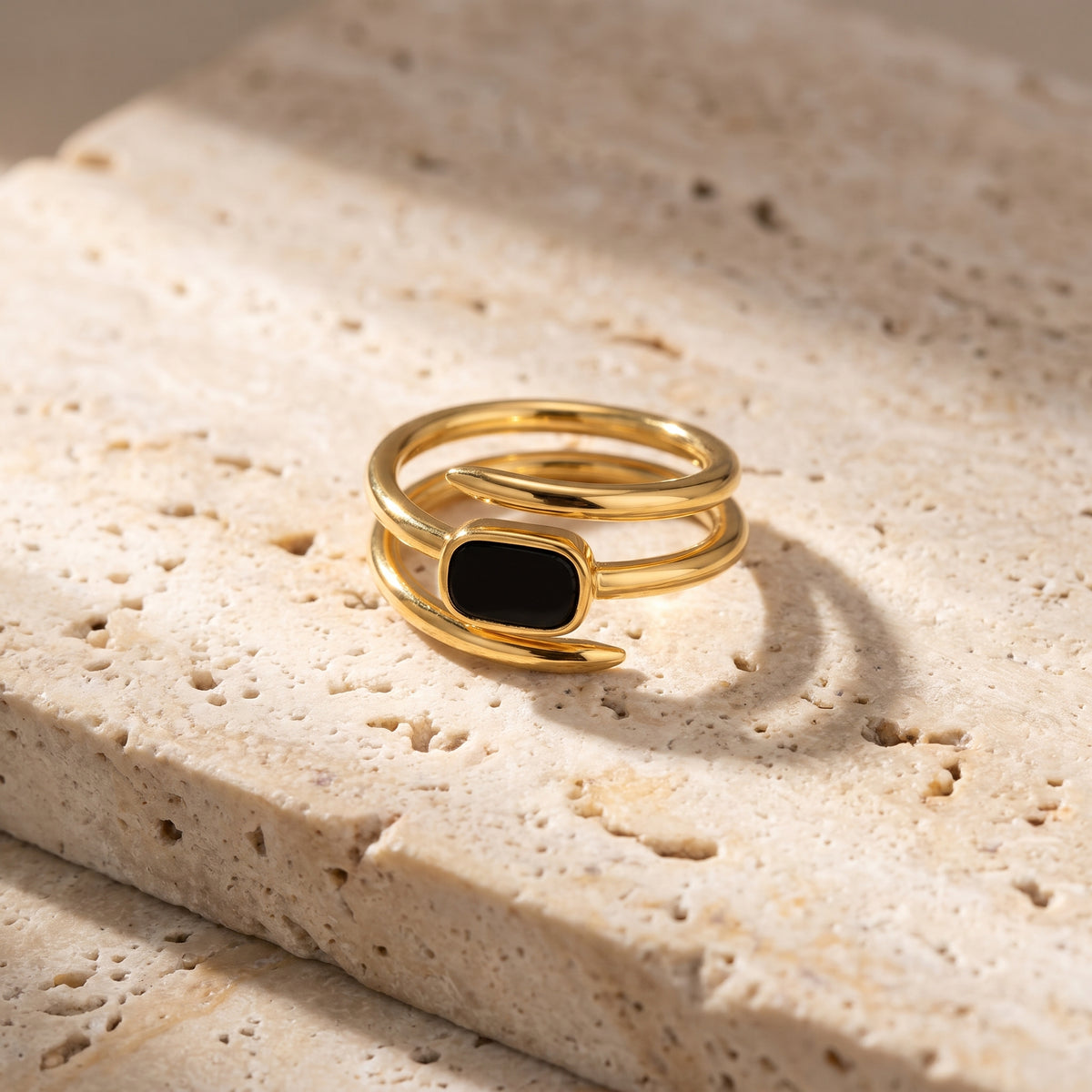 Elegant Gold-Tone Black Stone Spiral Ring for Women