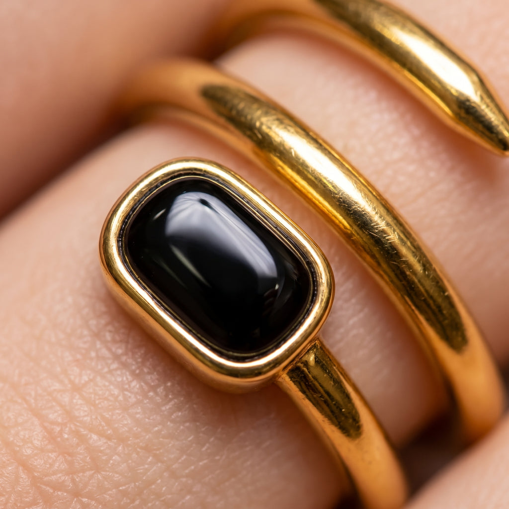 Elegant Gold-Tone Black Stone Spiral Ring for Women