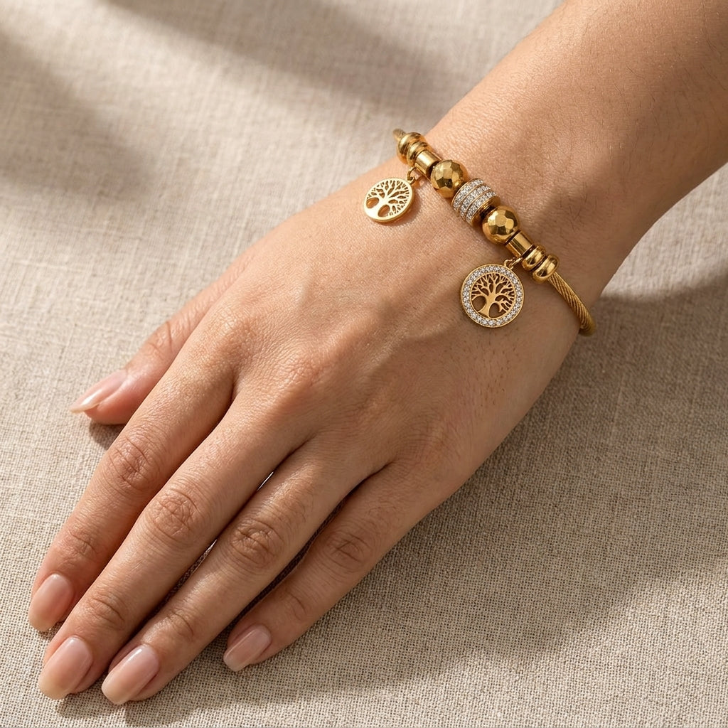 Luxury Gold-Tone Stainless Steel Tree of Life Charm Bracelet for Women