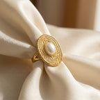 Elegant Gold-Tone Oval Pearl Ring for Women