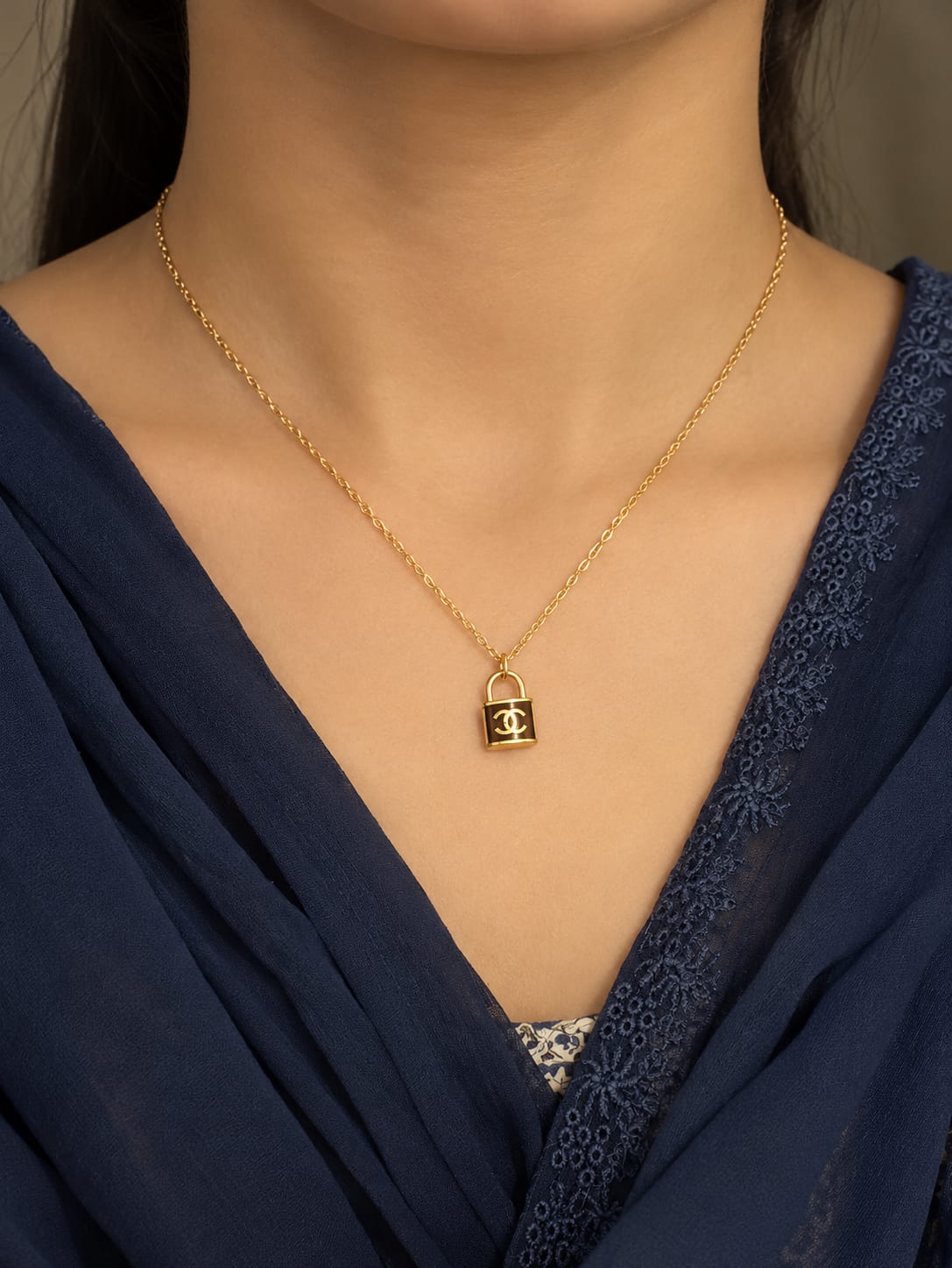 Gold Padlock Pendant Necklace with Black Charm