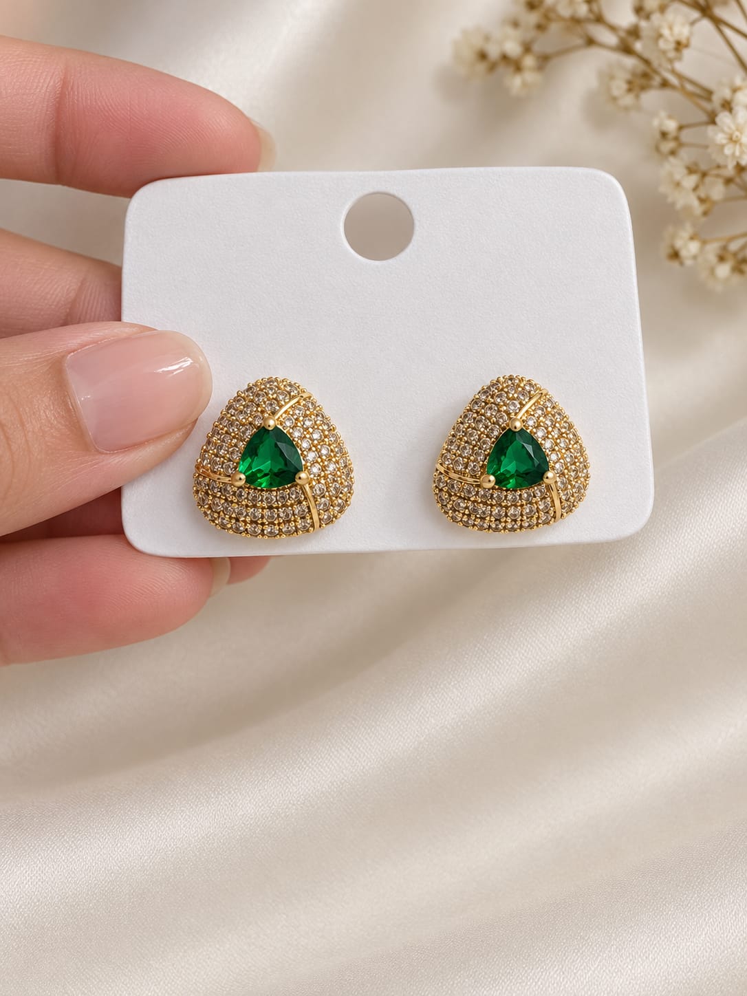 Elegant Gold-Tone Earrings with Emerald Green Stones
