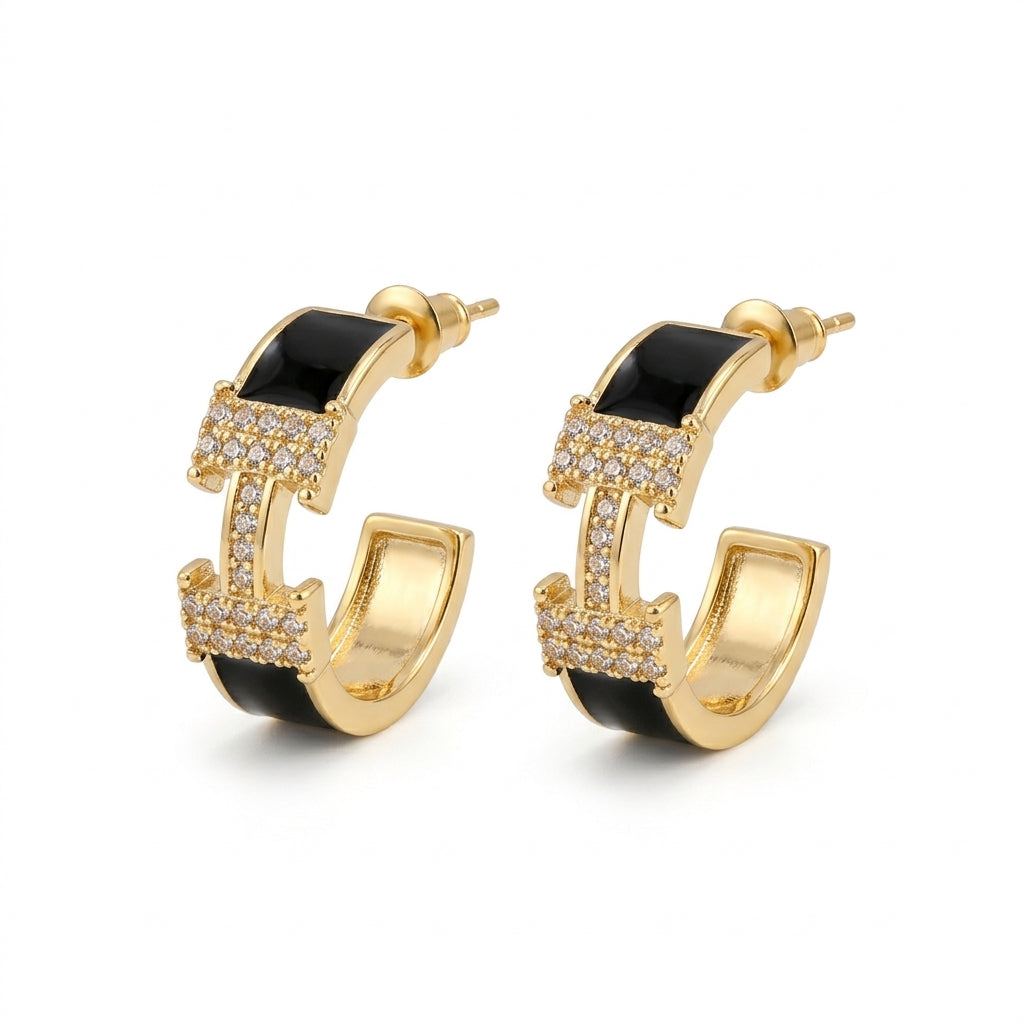 Black & Gold Crystal Hoop Earrings