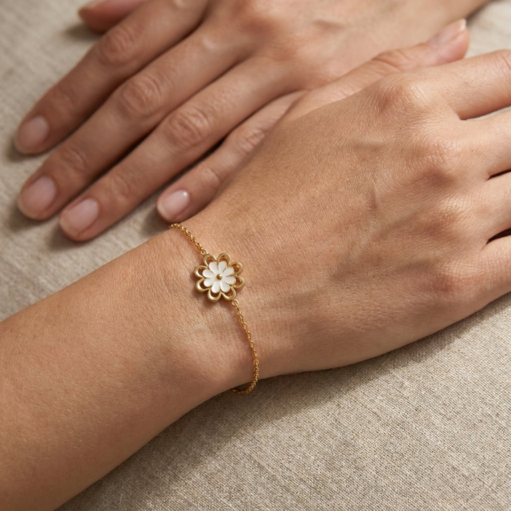 Elegant Gold-Tone Stainless Steel Bracelet with White Floral Charm for Women