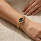 Gold Mesh Bracelet Watch with Black Oval Dial and Roman Numerals