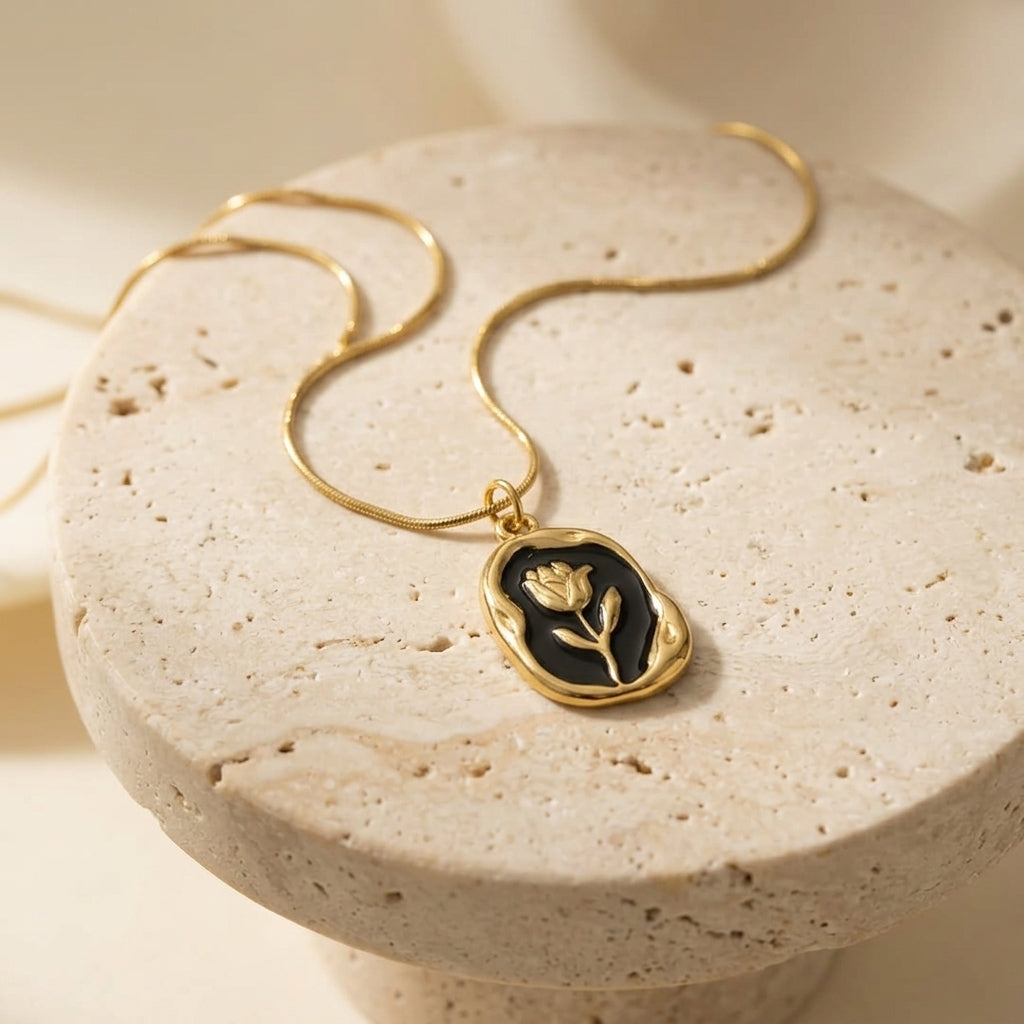 Gold and Black Floral Pendant Necklace