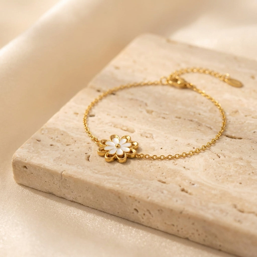 Elegant Gold-Tone Stainless Steel Bracelet with White Floral Charm for Women