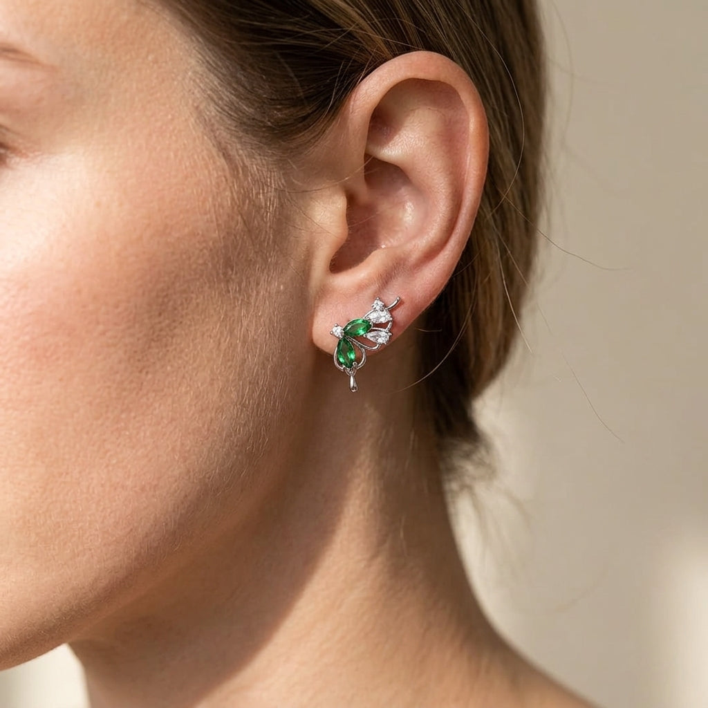 Elegant Butterfly Stud Earrings with Green and Clear Crystal Stones