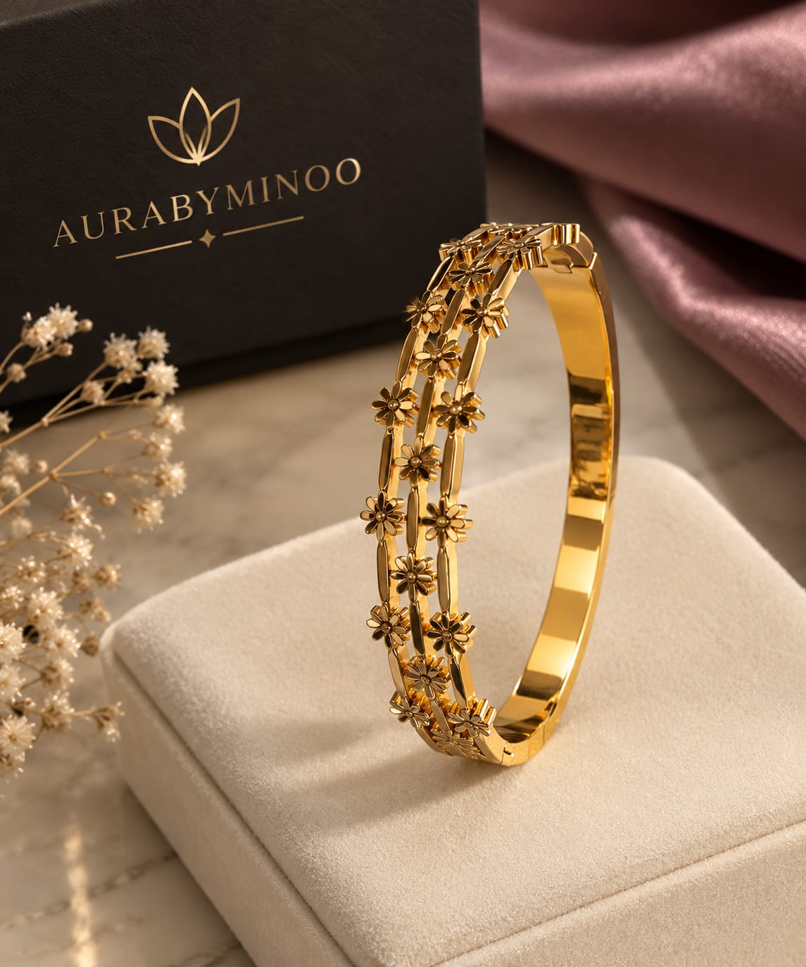 Elegant Gold-Tone Floral Bangle Bracelet
