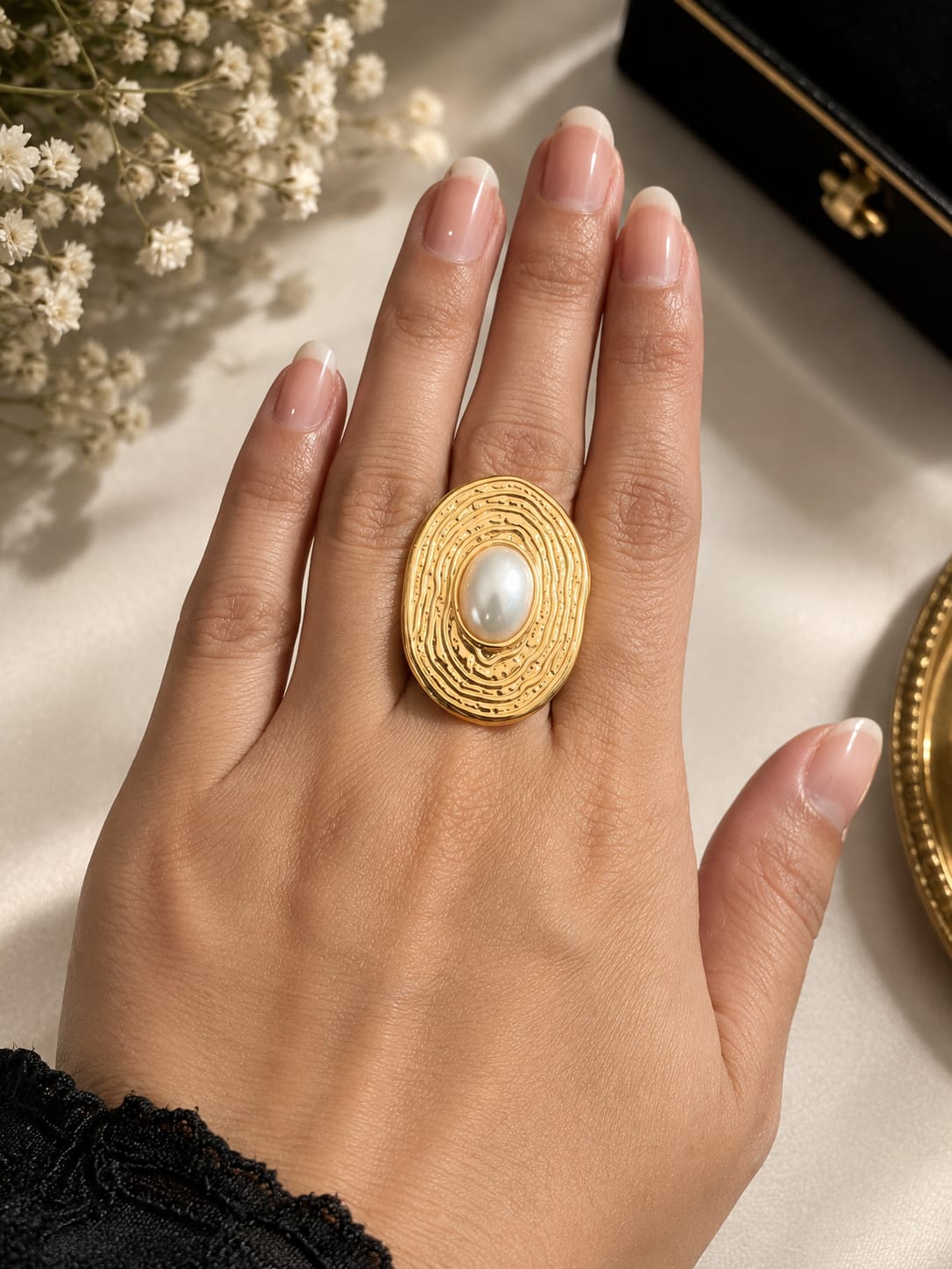 Elegant Gold-Tone Oval Pearl Ring for Women