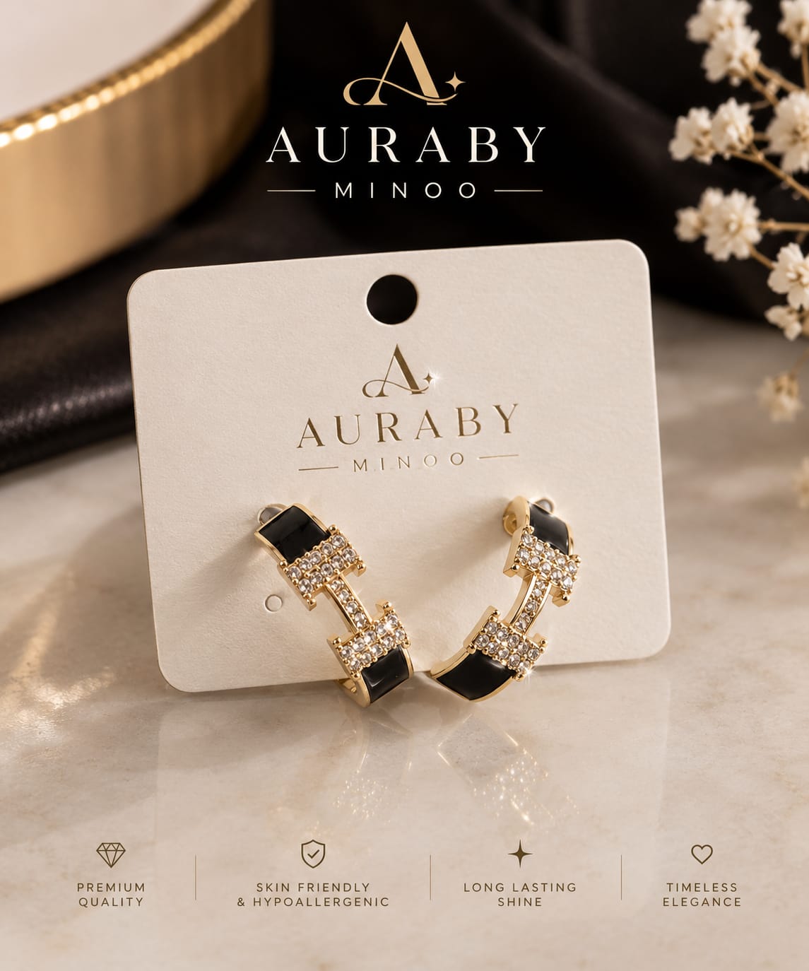 Black & Gold Crystal Hoop Earrings