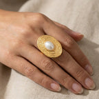 Elegant Gold-Tone Oval Pearl Ring for Women